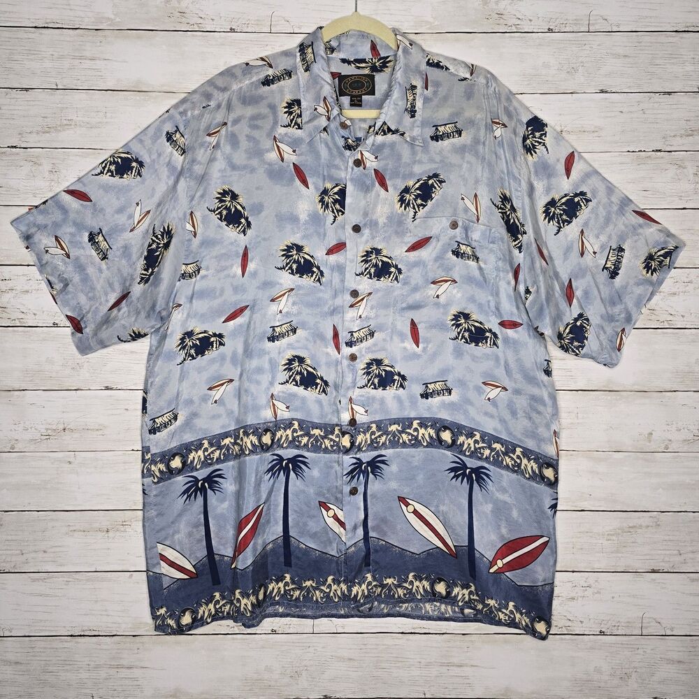 Hawaiian Silk Company Shirt Mens XL Blue Surfboard Palm Tree Tiki Hut Surf 90s
